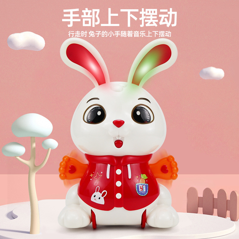 Nuevos productos transfronterizos acrobacias eléctricas swing conejo luz música 360 ° giratoria juguetes de baile regalo de cumpleaños para bebés