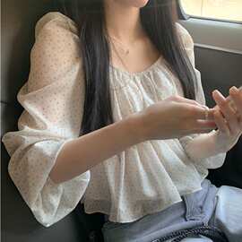 女装 韩国ins法式气质方领纯欲碎花收腰泡泡袖雪纺衬衫小个子上衣