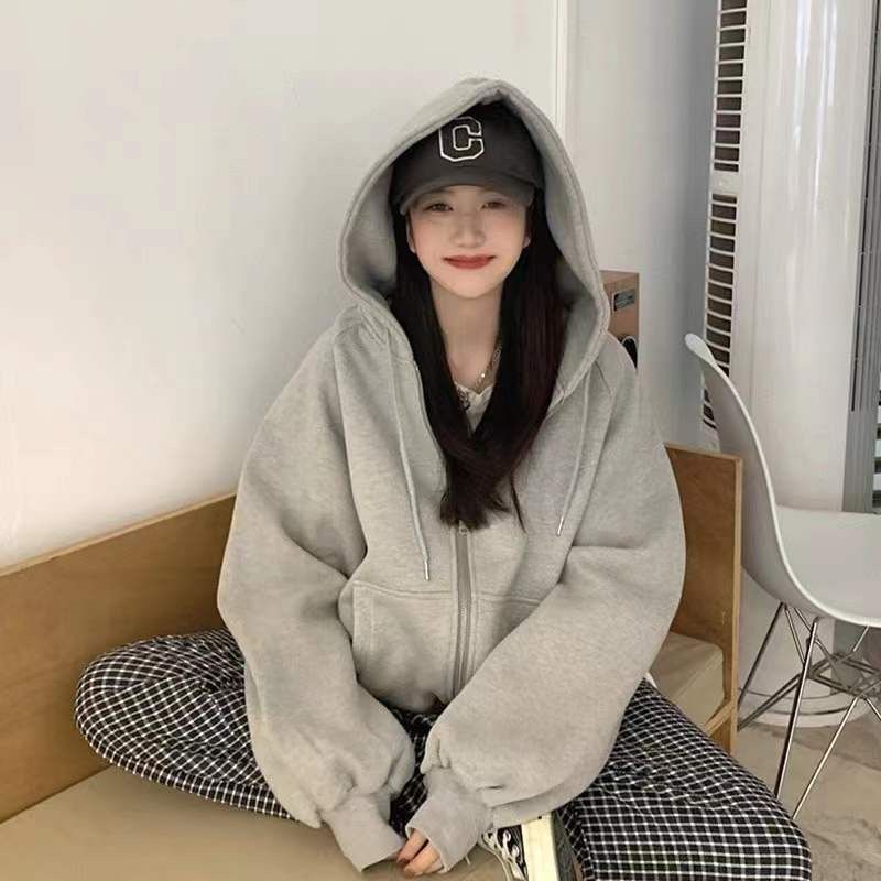 灰色连帽运动卫衣外套女春秋冬季加绒学生开衫盐系大码拉链上衣潮|undefined