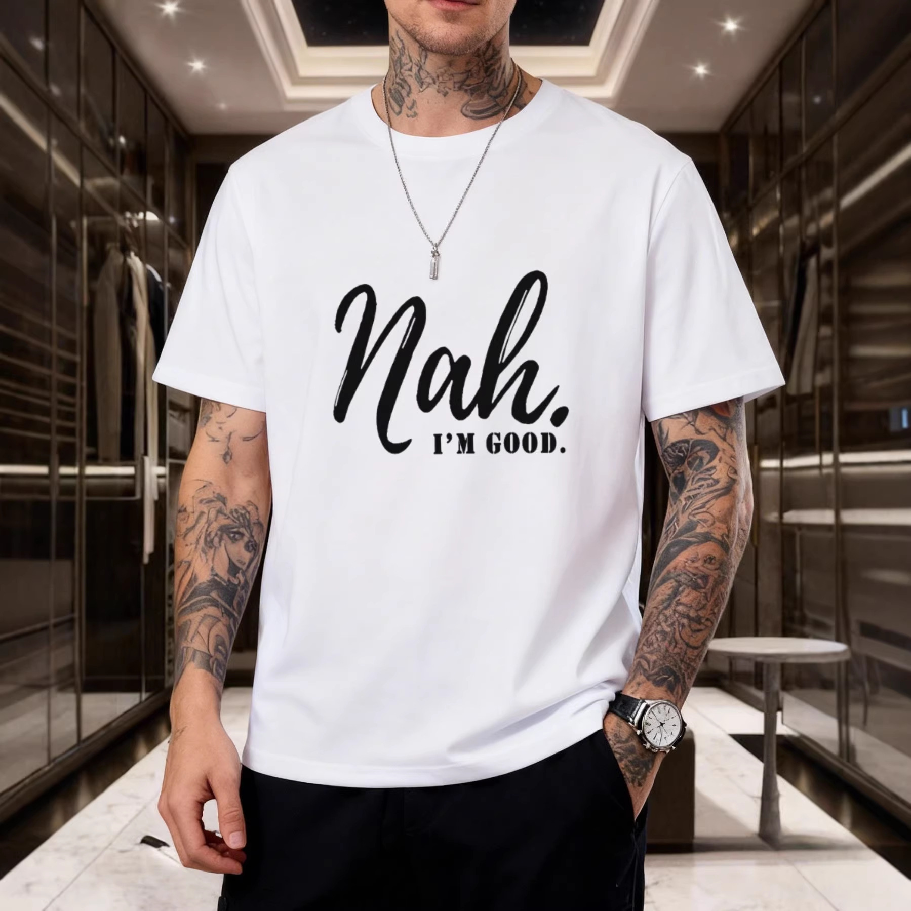Nah Letter Print Short Sleeves, American Retro Loose T-shirt_viptrois.com