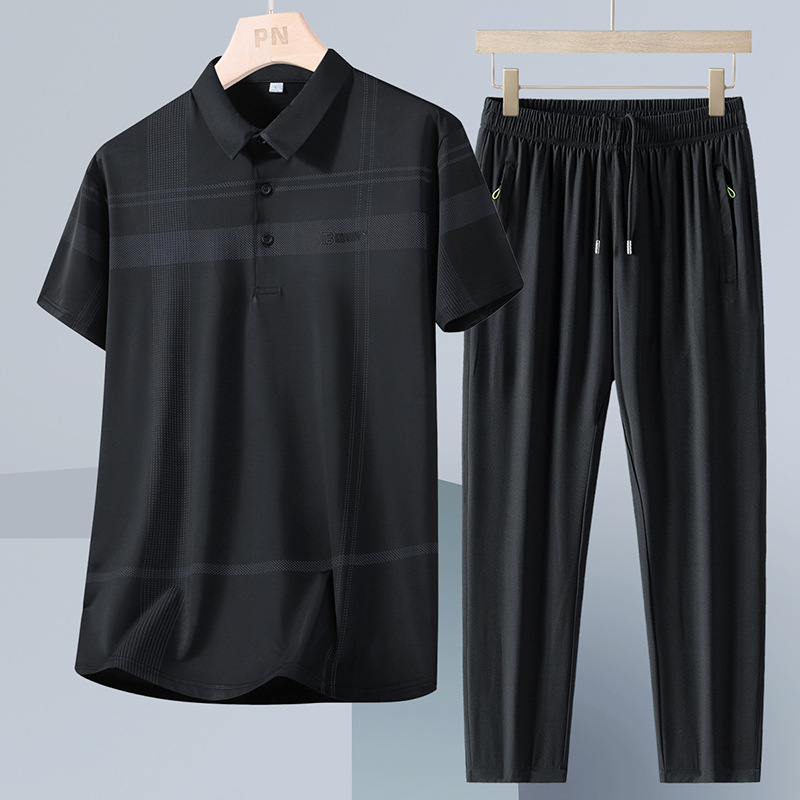 Papá con set de verano de dos piezas para hombre hielo delgado de manga corta suelta set casual de mediana edad pantalones secos rápidos
