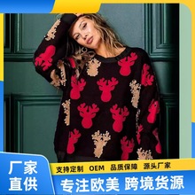 欧美秋冬圣诞节小鹿印花钉珠亮片针织长袖毛衣女圆领拼色套头衫