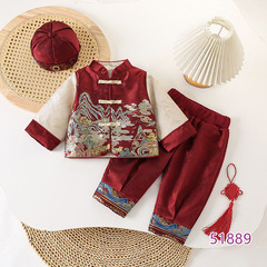 春秋新款男童汉服宝宝生日周岁礼服套装  儿童中式唐装国风三件套