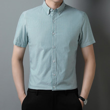 棉质翻领短袖衬衫男士夏季休闲商务条纹半袖衬衣修身中年薄款上衣
