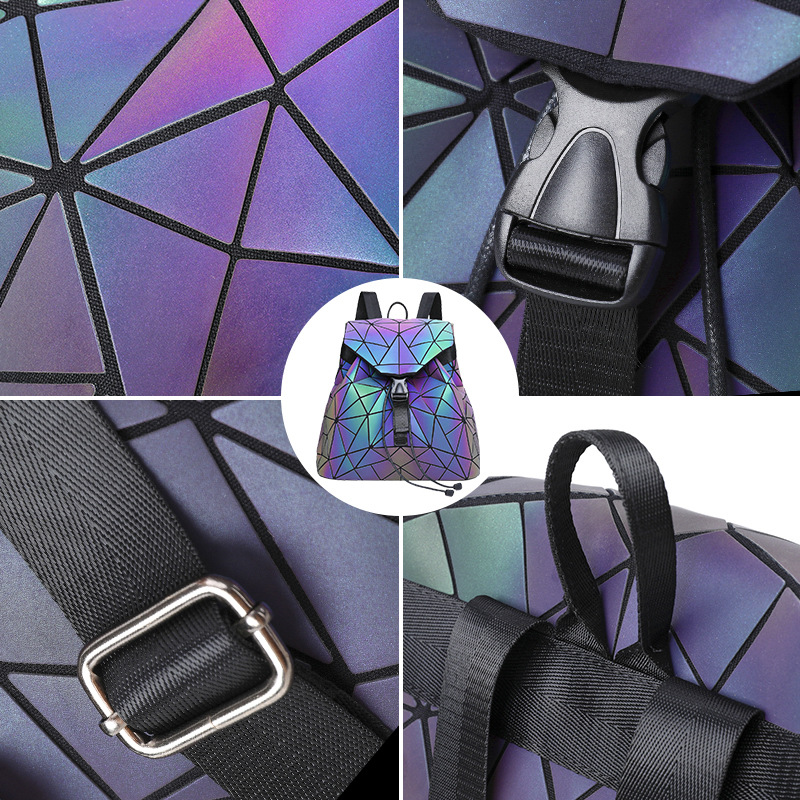 Dreiteiliger leuchtender, faltbarer, reflektierender geometrischer Rucksack mit Diamantgitter, bunt_voghion.com