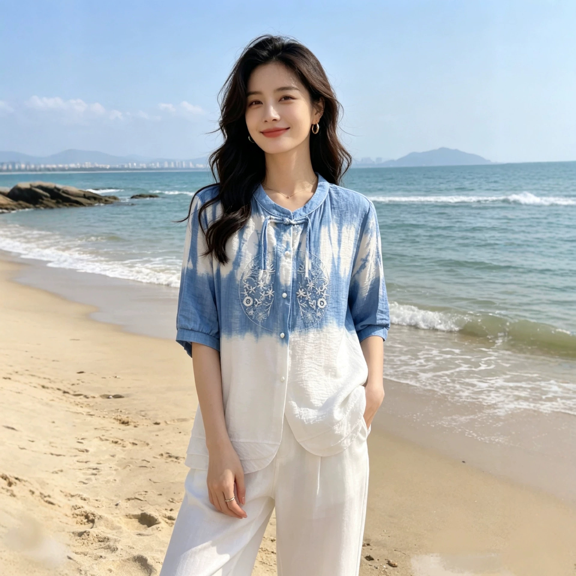 Wholesale Handmade Pure Plant-Based Indigo-Dyed Tie-Dye Loose Embroidered Women's Blouse from Dali, Yunnan