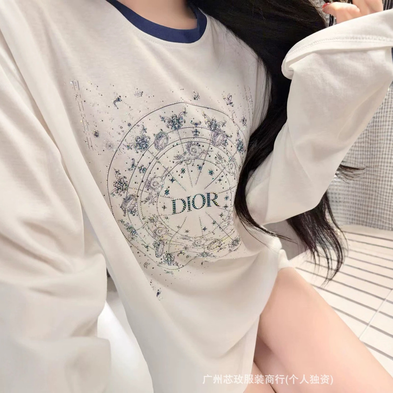 High-Quality~D Brand Authentic Original 2026 New Korean Design Round Disc Star Pattern Rhinestone Long-Sleeve Sun Protection T-Shirt