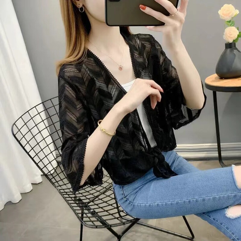 Summer New Lace Cardigan Women's Loose V Neck Lace-Up Small Shawl Tops Thin Top Small Shawl Sun Protection Clothing