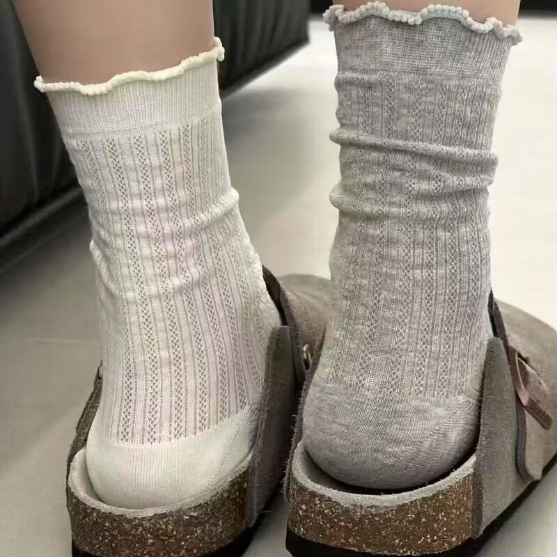 Piled socks for children summer thin mid-length socks cotton spring and autumn gray miu ballet style with small leather shoes stockings