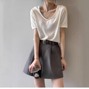 Summer New Style Tencel Knitted Short-Sleeved Women's Vest Short T-Shirt Pure Color Loose Thin V Neck Slimming Look Elegant Bottoming Top