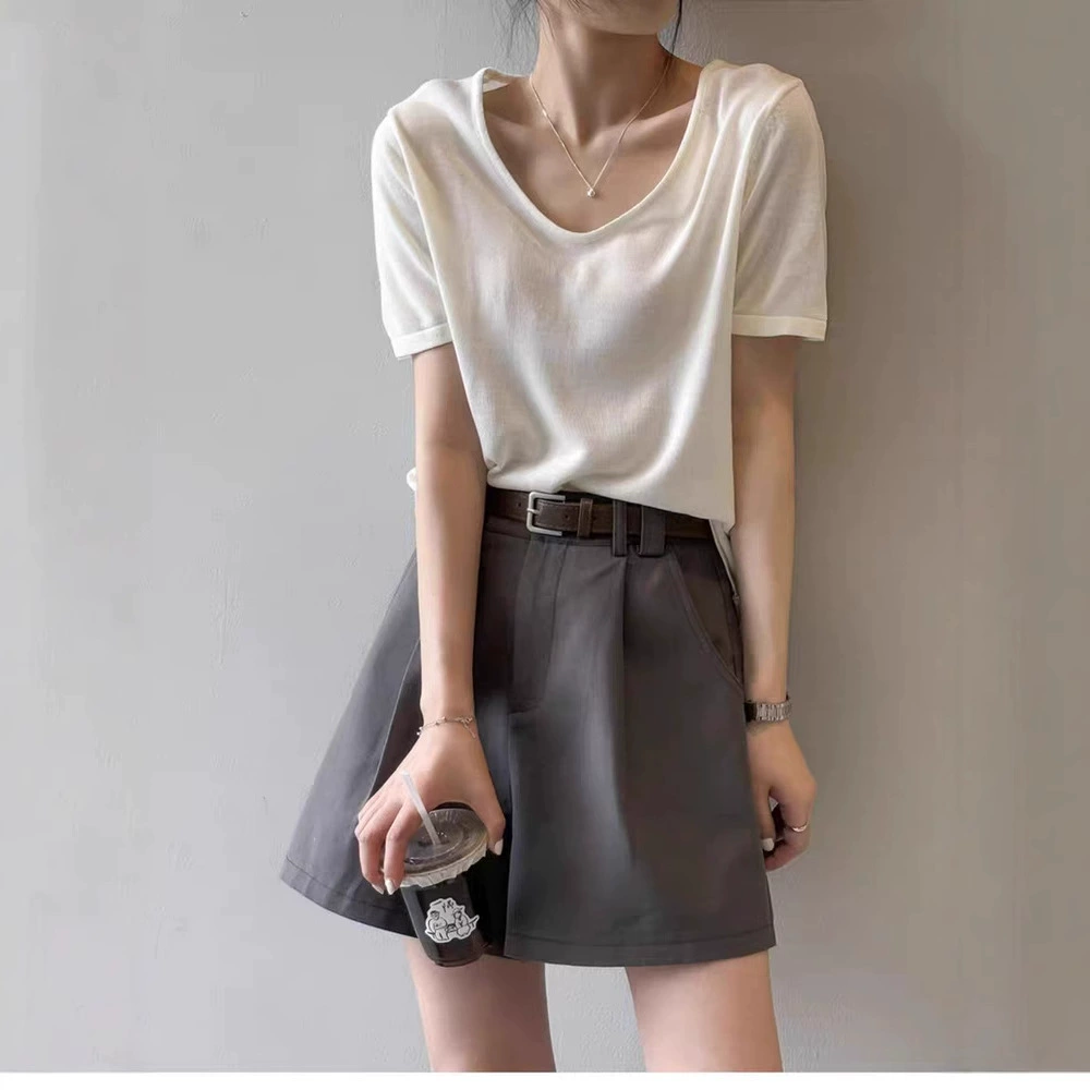 Летний новый стиль, трикотажный женский жилет с короткими рукавами из тенселя, короткая футболка, однотонный, свободный, тонкий, с v-образным вырезом, элегантный топ для похудения