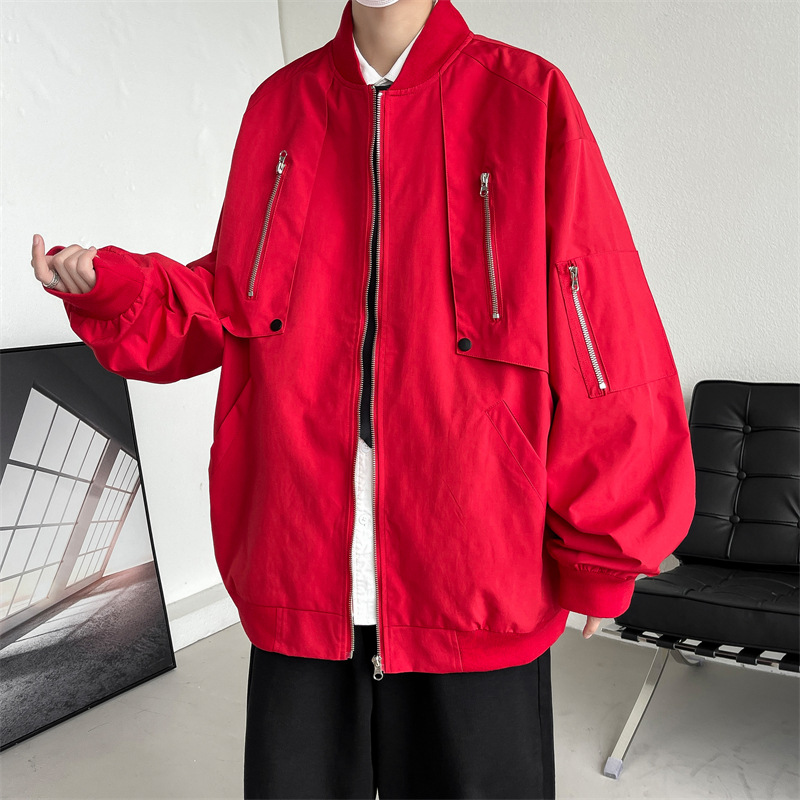 European and American vibe style wine red bomber jacket men's summer hiphop American fashion brand baseball uniform loose top