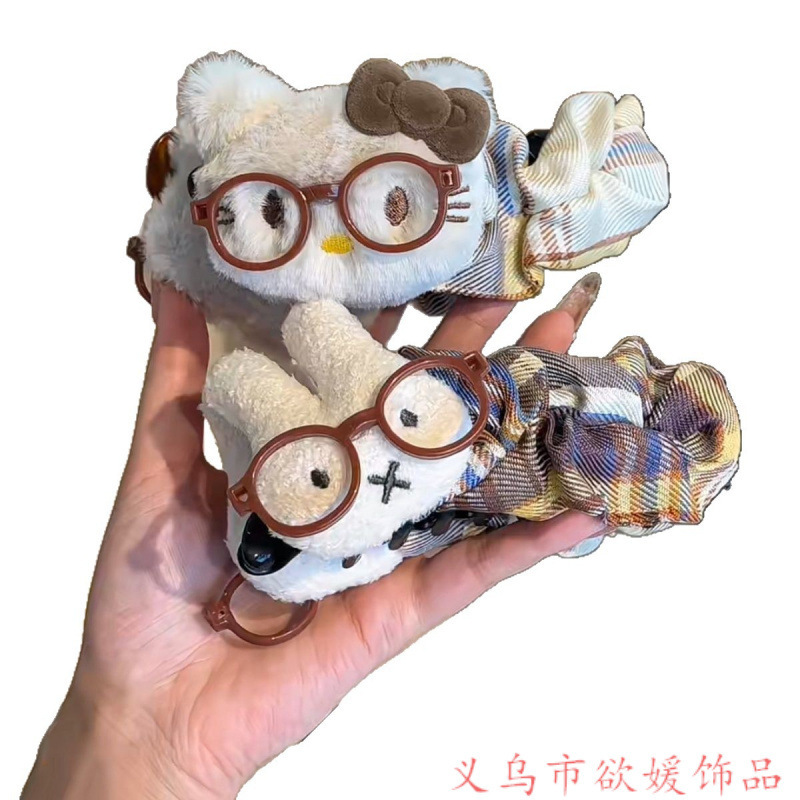 可爱毛绒卡通发饰Hello Kitty+兔子格纹香蕉夹 甜美少女心头饰|undefined