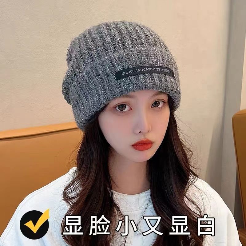 帽子女秋冬新款贴布堆堆帽大头围毛线帽百搭显脸小保暖针织帽冷帽