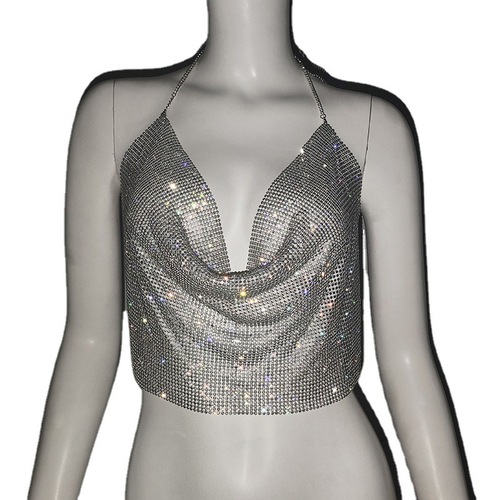 Cross-border European and American women's clothing Rhine stone water drill backless top sexy party night club hot girl outfit water drill top spaghetti straps