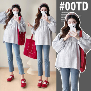 Real shot in stock 2024 autumn new plaid lace-up maternity coat loose long sleeve shirt women