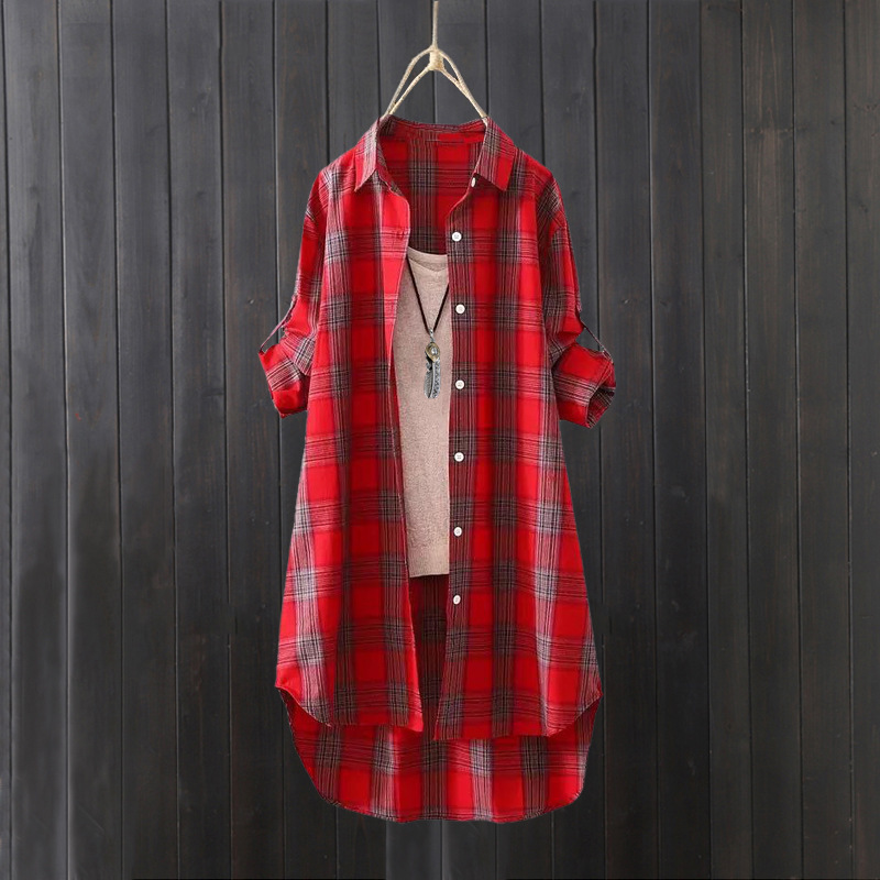 跨境外贸棉麻格子衬衫女防晒衣宽松薄外套上衣外搭长袖衬衣中长款