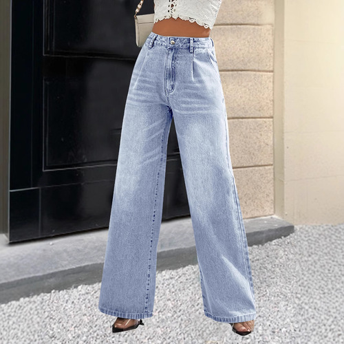 Bestselling European and American Women's Jeans Amazon Washed High Waist Loose Straight Leg Wide Leg Versatile Fashion