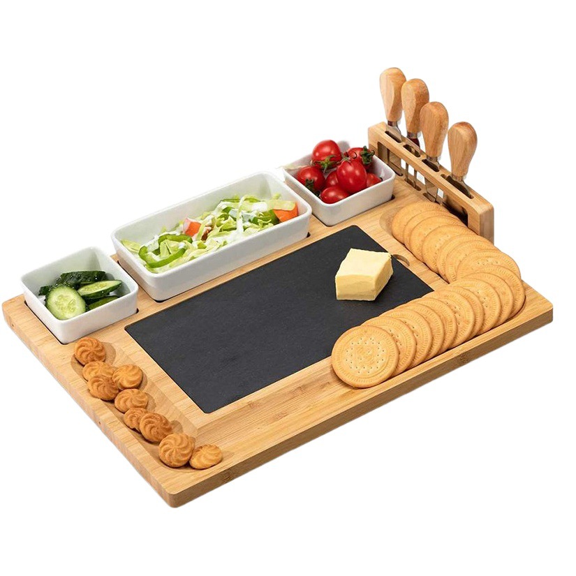 Tablero de queso de bambú cocina hogar tabla de cortar con cuchillo de pizarra y tenedor traje tabla de cortar fruta postre merienda bandeja
