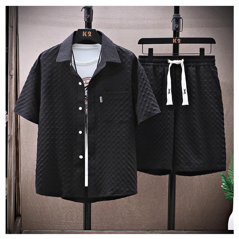 Summer Simple Suit for Men, Handsome and Fashionable Short-Sleeved Shirt and Shorts, a Set of Plaid Thin Sports and Leisure Two-Piece Set