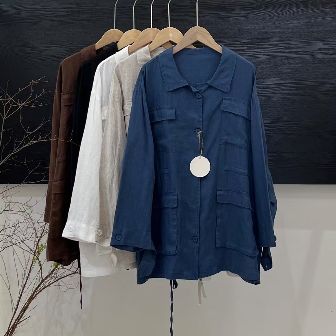 New Linen Long-Sleeved Workwear Mid-Length Large Size Literary Loose 2025 Retro Women's Spring Windbreaker Cardigan