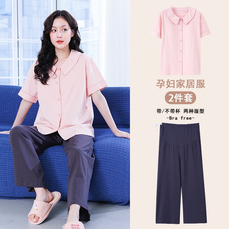 Summer Pregnant Women Pajamas Set Short-sleeved Doll Collar Cardigan Adjustable Pregnancy Pants Loose Large Size Pure Cotton Thin