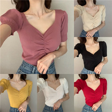 2025夏季新款韩版复古泡泡袖短款打底修身V领短袖针织衫T恤女潮