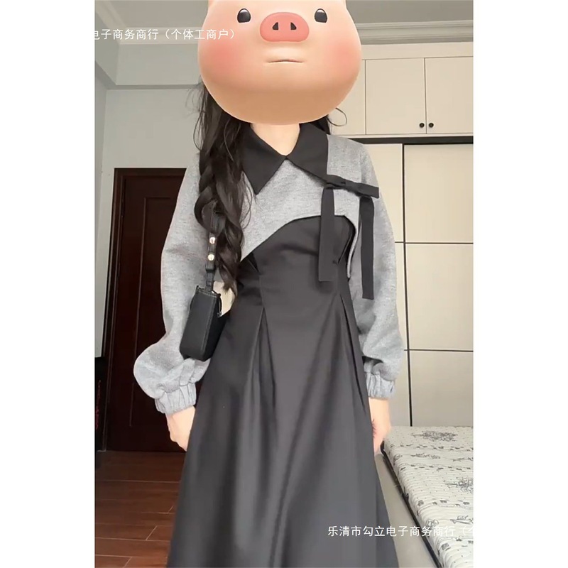 法式赫本风复古收腰黑色背心连衣裙女学生+灰色针织衫秋季两件套|undefined