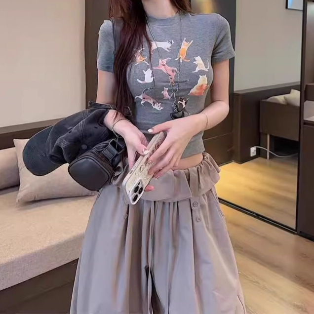 韩系甜辣风印花短款T恤设计感花苞腰休闲裤女2025夏季时尚套装潮|undefined