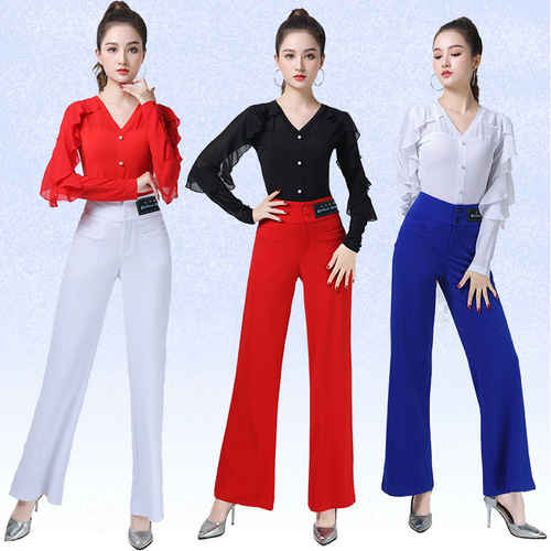 Square dance modern dance tops new women's black red lotus leaf long-sleeved tops elegant Jitterbug Latin dance clothes