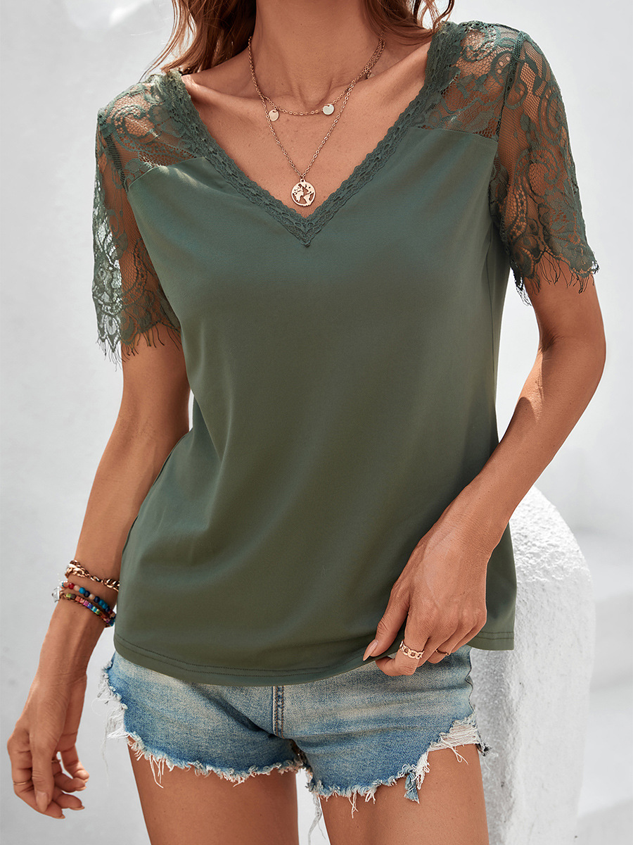 lace short-sleeved loose pullover V-neck T-shirt NSFH128452