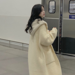 大码时尚温柔系连帽毛衣女秋冬外套韩版气质穿搭加厚长款针织开衫
