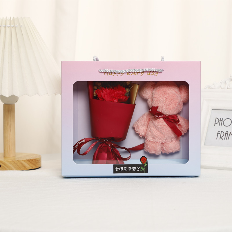 红康乃馨花束+毛巾熊礼盒