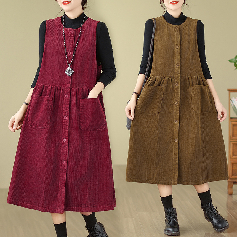 Real Shot of 2025 Autumn and Winter New Style Literary Loose Pure Color Corduroy Sleeveless Dress Women's Sundress Single Piece 8386