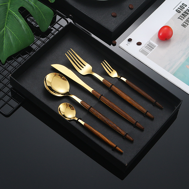 Stainless Steel Tableware Knife, Fork and Spoon Cross-border Five-piece Set Wood Grain Clip Handle Imitation Wooden Handle Japanese Style Tableware Steak Knife and Fork Stainless Steel Tableware Knife, Fork and Spoon Cross-border Five-piece Set Wood Grain Clip Handle Imitation Wooden Handle Japanese Style Tableware Steak Knife and Fork
