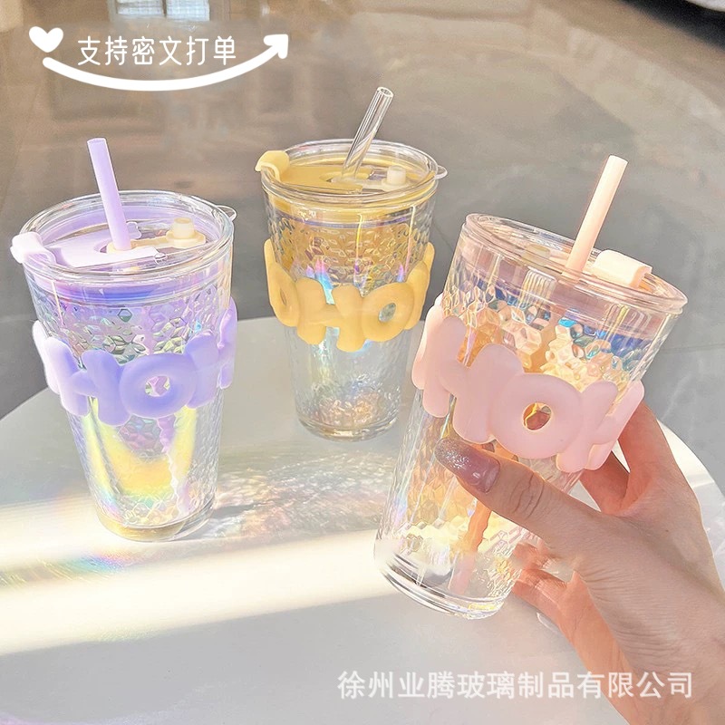 网红碎冰玻璃吸管杯夏季炫彩多巴胺水杯女ins咖啡饮料杯子炫彩杯