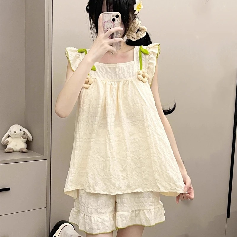 Pajamas Women's Summer Sling suit with Chest Pad Wear-Free Bra Cute Japanese Style Outwear Home Clothes suit