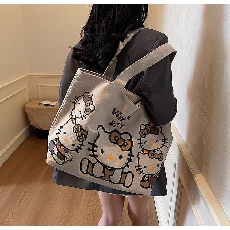 Cartoon canvas single-shoulder bag, women's large-capacity commuter tote bag, Spring/Summer 2025, cute cat tote bag, cross-border undefined