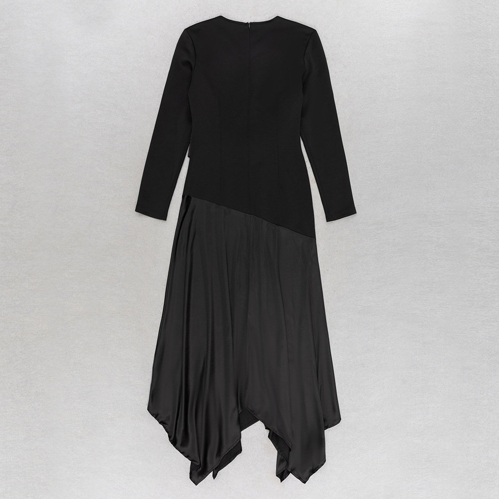 Autumn Winter V neck Stitching Tight Waist Irregular Asymmetric Hip-Wrapped Dress Long Sleeve Dress Evening Dress