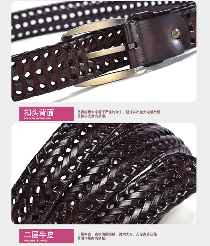 Wholesale handwoven belts for men genuine leather cowhide retro casual pin buckle hollow belt drop shipping