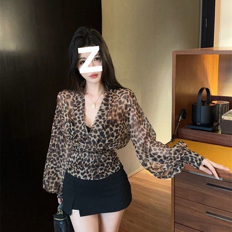Official image, real price. Semi-sheer mesh shirt, American style spicy girl leopard print long-sleeve T-shirt for women, early autumn thin slim-fit design