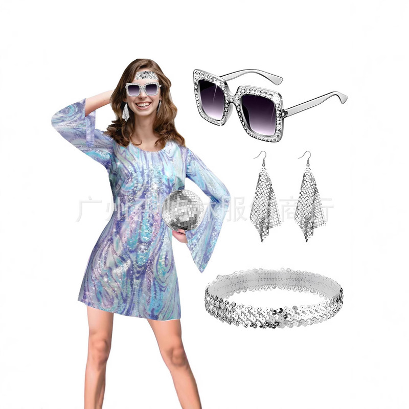 Cross-border New Products Halloween Carnival 70 s Hippies Old Disco Bronze Sequins Performance dress Cross-border New Products Halloween Carnival 70 s Hippies Old Disco Bronze Sequins Performance dress