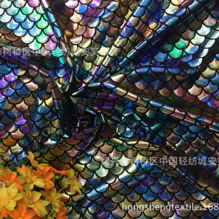 四面弹烫金布 七彩鱼鳞面料 美人鱼尾巴泳衣面料