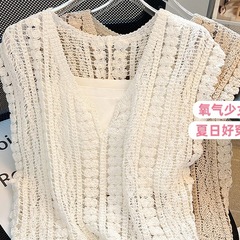 女性用かぎ針編みツーピースセット、夏用中空甘いベスト、デザインセーター、Vネック、ノースリーブトップスシーズン