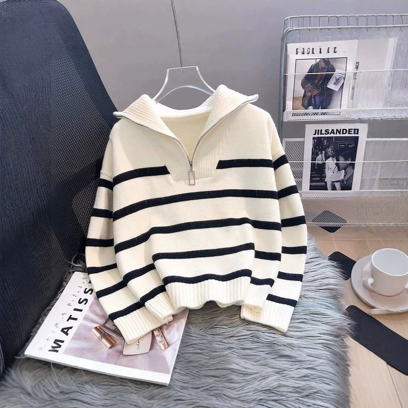 Korean-style 2026 autumn loose-fitting fashionable color-blocked casual pullover knit sweater with half-zip and stripes for women Korean-style 2026 autumn loose-fitting fashionable color-blocked casual pullover knit sweater with half-zip and stripes for women