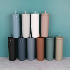 16OZ磨砂吸管杯塑料直身杯简约饮料杯网红新款白领学生通勤饮水杯