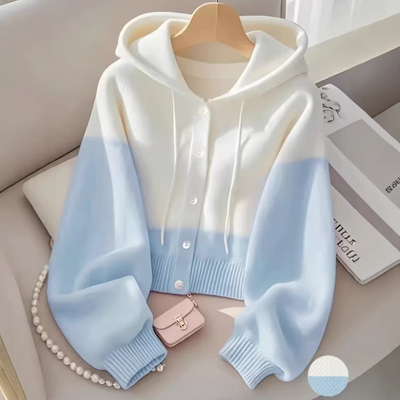 Patchwork Hooded Sweater Jacket for Women 2026 New Short Style Long-Sleeved Contrasting Color Knitted Cardigan