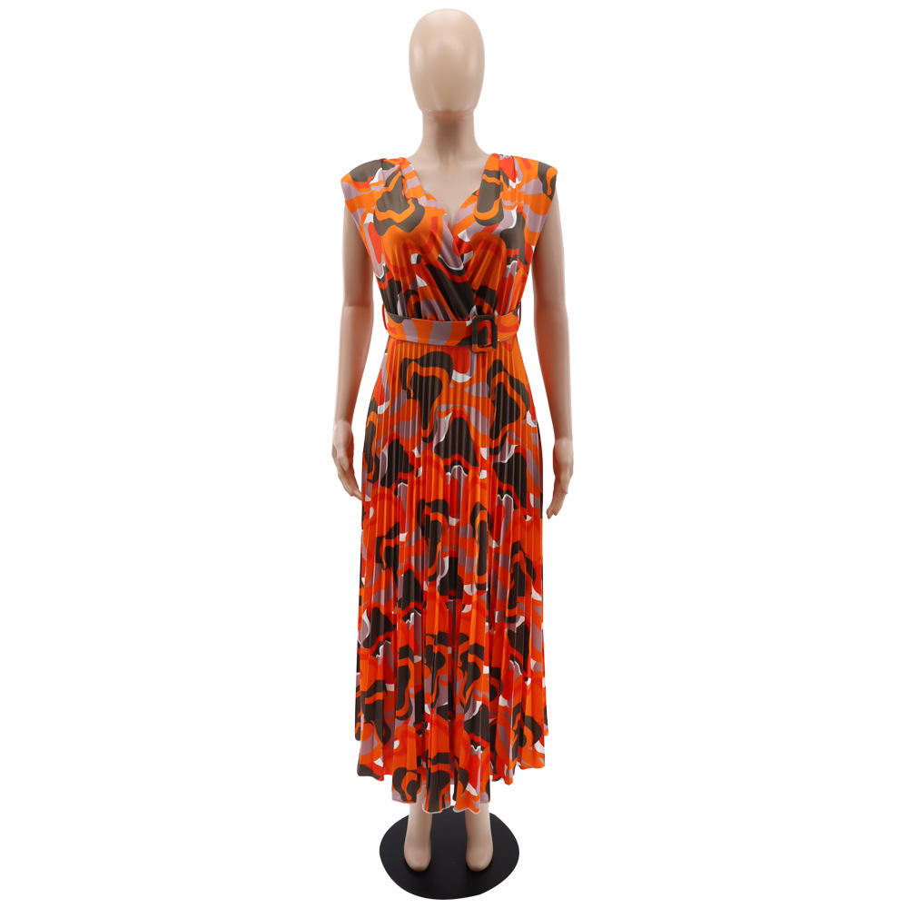 V Neck Sleeveless Padded Shoulder Casual Printed Office All Matching Pleated Waist Dress