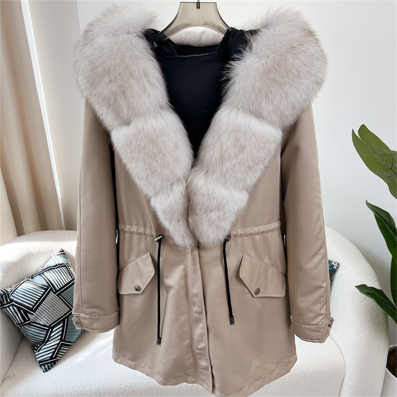 Damenbekleidung Abnehmbarer Parka aus Fuchspelz Mittellanger Kapuzenmantel_voghion.com