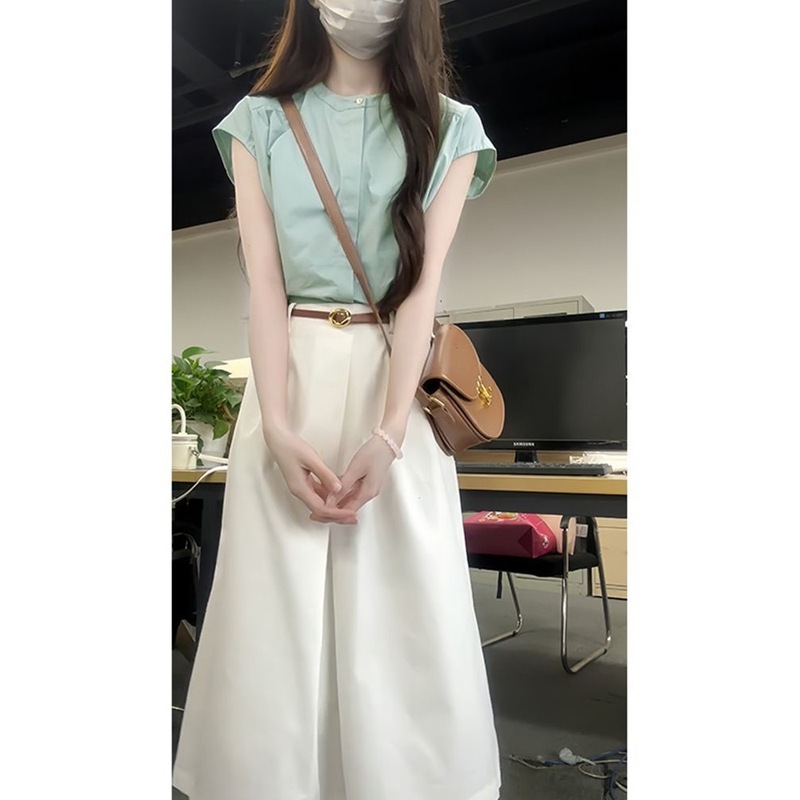 夏季新款时尚套装女休闲百搭小飞袖衬衫上衣气质高腰半身裙两件套|undefined